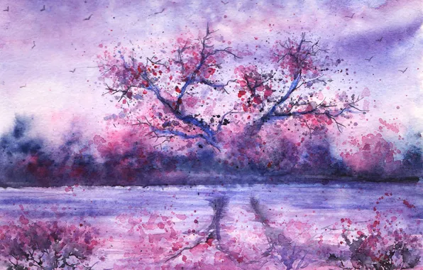 Picture river, tree, the evening, watercolor, painted landscape, reflection. birds