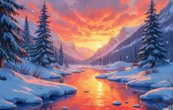 The sun, Clouds, Winter, Mountains, Trees, Snow, Dawn, Tree