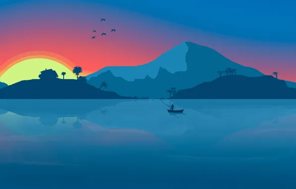 Sunset, Minimalism, Mountains, Lake, River, Boat, House, Birds