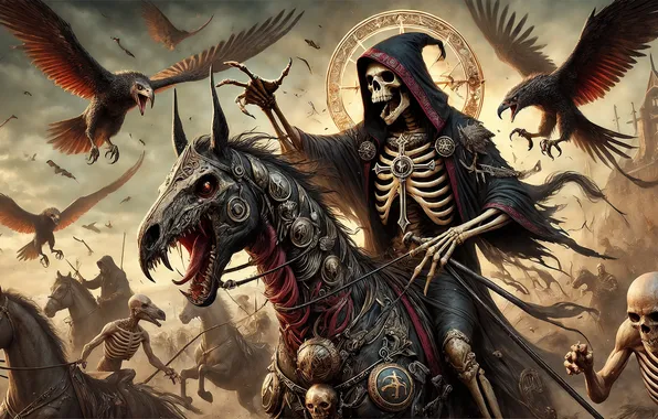 Birds, horse, creatures, horseman of the Apocalypse, undead, purgatory, skeet