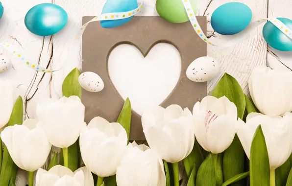Flowers, spring, Easter, hearts, tulips, wood, flowers, hearts