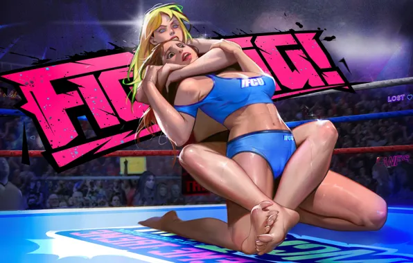 Picture women, brunette, blonde, fighting, artwork, belly, feet, wrestling