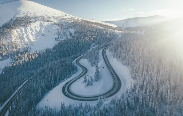 Picture winter, road, forest, light, snow, mountains, nature, height