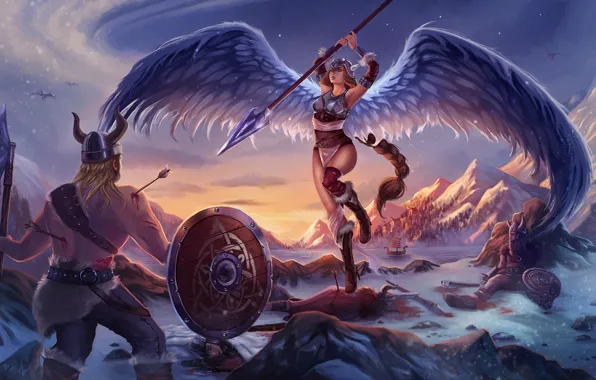 Picture mountains, wings, warrior, art, spear, battle, arrows, Valkyrie