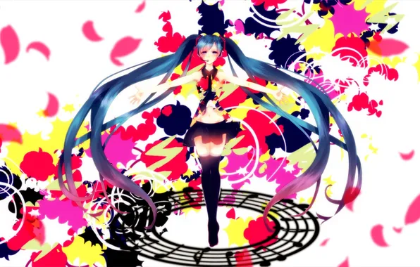 Girl, notes, petals, art, microphone, vocaloid, hatsune miku, Vocaloid