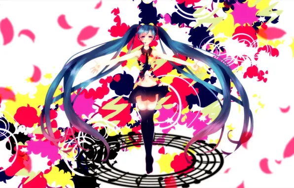 Picture girl, notes, petals, art, microphone, vocaloid, hatsune miku, Vocaloid