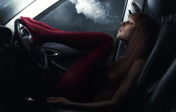 Girl, City, Light, Red, Car, Beautiful, Sexy, Art