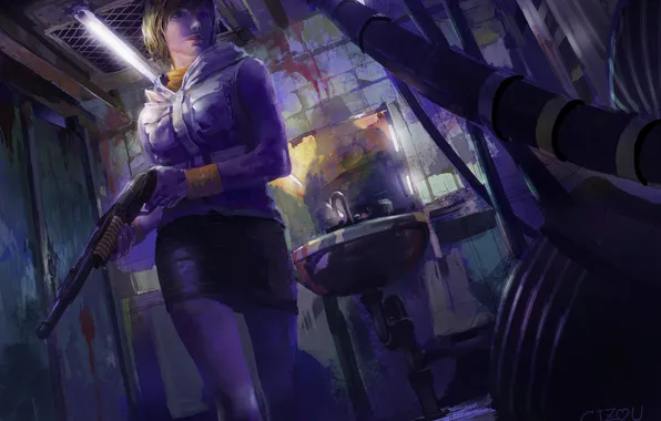 Picture girl, weapons, the game, art, Heather Mason, Sailent Hill