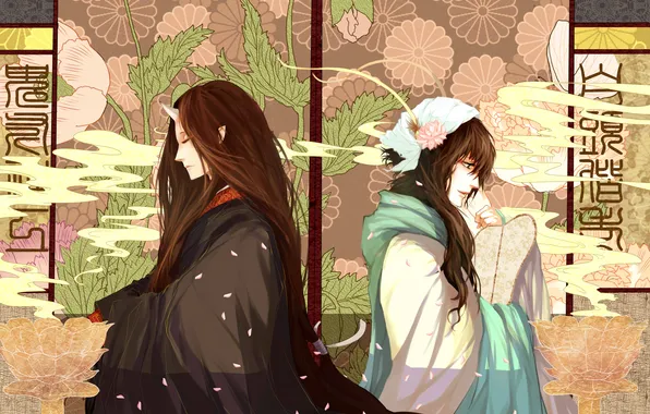 Flowers, smoke, petals, the demon, long hair, Hoozuki no Reitetsu