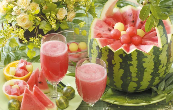 Picture flowers, watermelon, glasses, juice, gooseberry
