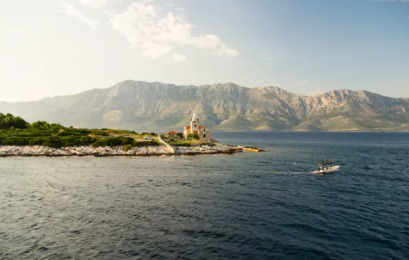Sea, lake, the ocean, shore, boat, lighthouse, mountain, sea