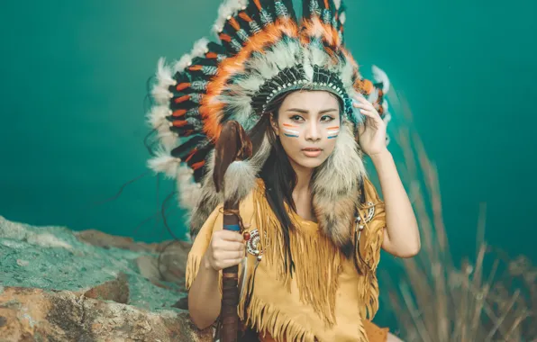 Picture girl, face, style, clothing, feathers, paint, headdress