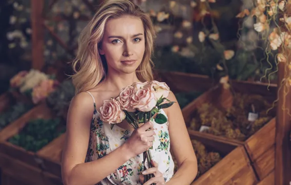 Picture girl, flowers, woman, roses, beauty, bouquet, blonde, girl