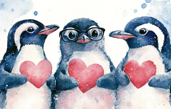 Winter, love, birds, penguins, glasses, hearts, trio, Valentine's Day