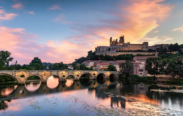 Picture the sky, clouds, trees, bridge, the city, reflection, river, shore