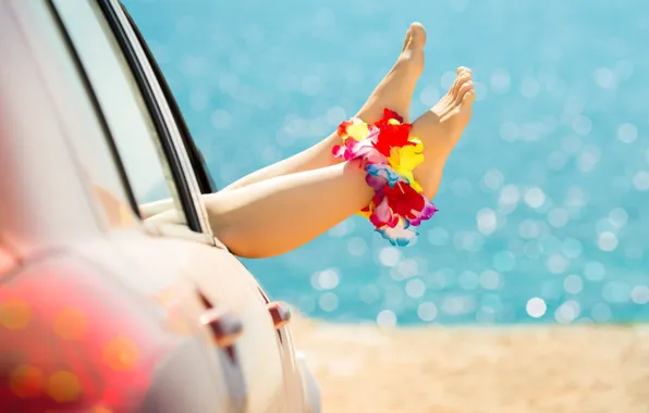 Picture sand, car, machine, flower, girl, joy, flowers, background