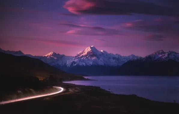 Road, the sky, stars, clouds, light, mountains, night, lights