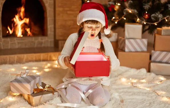Gift, child, surprise, Christmas, girl, New year, Christmas decorations