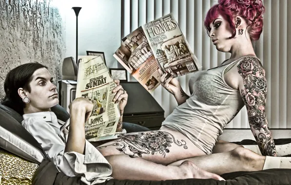 Figure, bed, newspaper, journal, sex