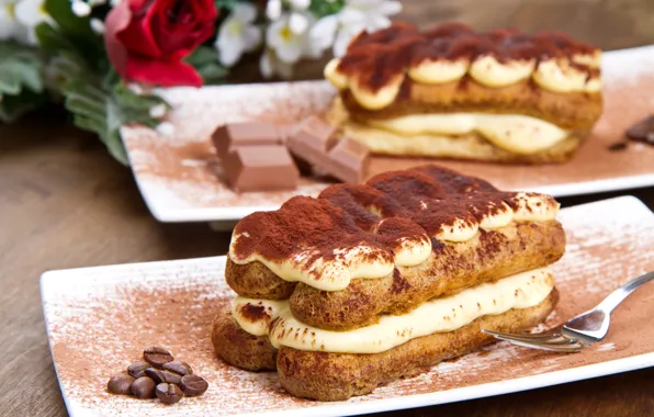 Picture coffee, roses, cake, cream, tiramisu