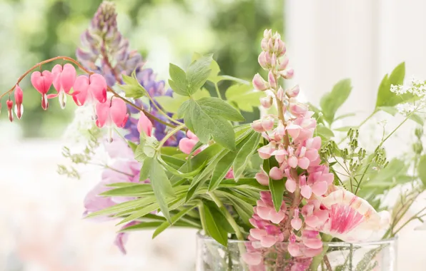 Leaves, flowers, bouquet, vase, pink, light background, different, bokeh
