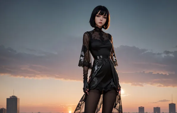 Sunset, The sky, Girl, The city, Look, digital art, AI art, art work Razor127
