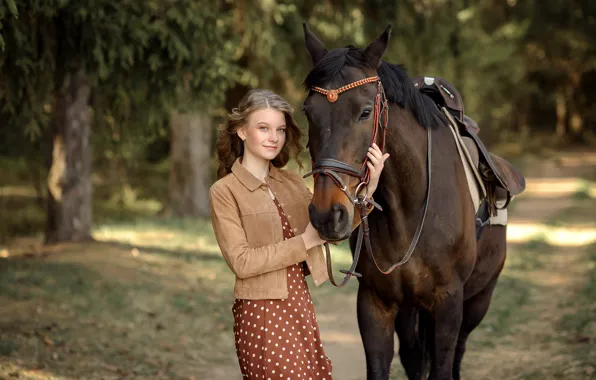 Picture girl, trees, nature, animal, horse, horse, dress, jacket