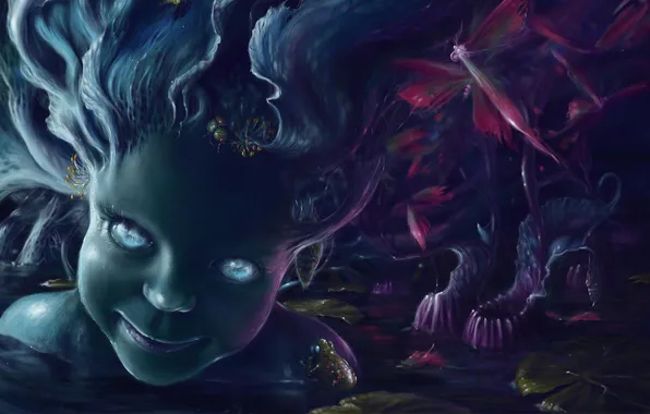 Picture water, face, swamp, mermaid, frog, art, girl, fright