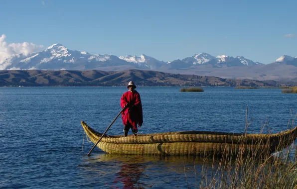 Picture mountains, lake, boat, Bolivia, Titicaca, the Bolivian, 's a serape