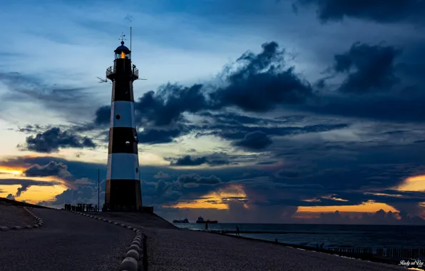 Sea, the sky, clouds, coast, lighthouse, ships, the evening, horizon