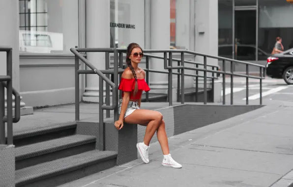 Girl, sweetheart, model, shorts, glasses, sneakers, cute, Josefine Forsberg