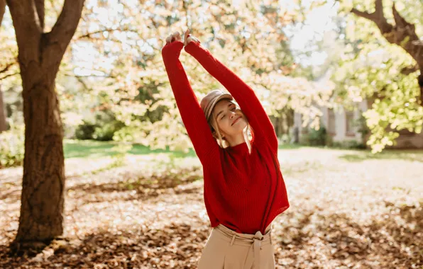 Girl, joy, pose, smile, Park, tree, mood, glade