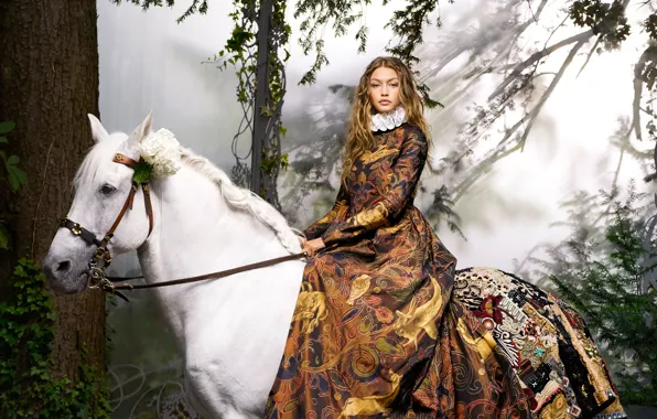 White, horse, model, horse, dress, hairstyle, brown hair, rider