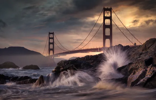 Sea, bridge, stones, rocks, CA, San Francisco, Golden Gate Bridge, California