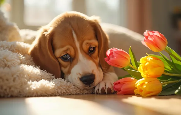 Look, light, flowers, pose, dog, bouquet, spring, yellow