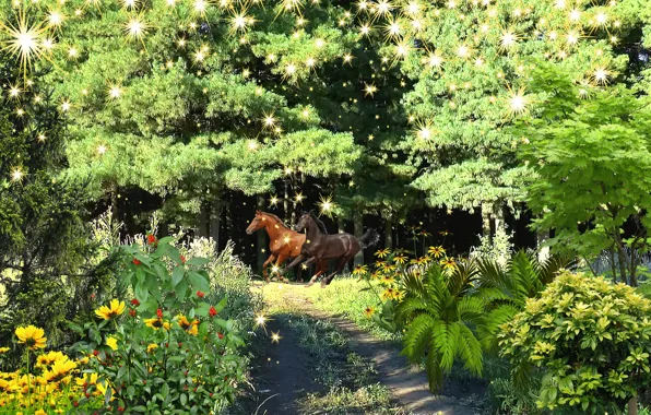 Summer, dream, nature, fantasy, taiga, Horses forest