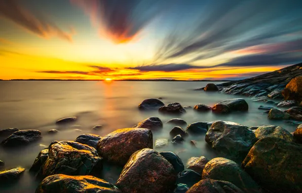 Sea, the sky, the sun, clouds, landscape, sunset, nature, stones