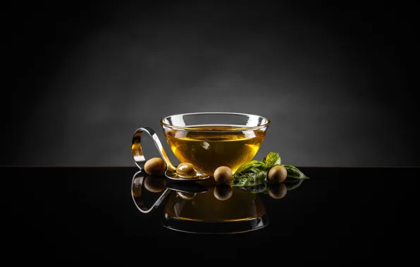 Glass, reflection, spoon, bowl, black background, olives, olive oil, Basil
