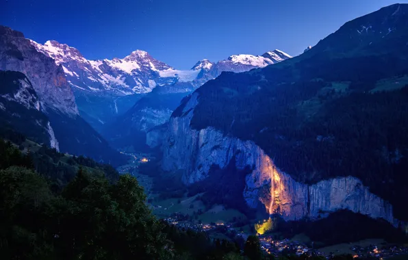 Lights, forest, mountains, Village, illuminated waterfall