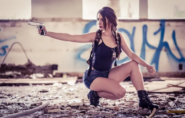 Picture gun, pistol, legs, weapon, model, women, cosplay, ruins