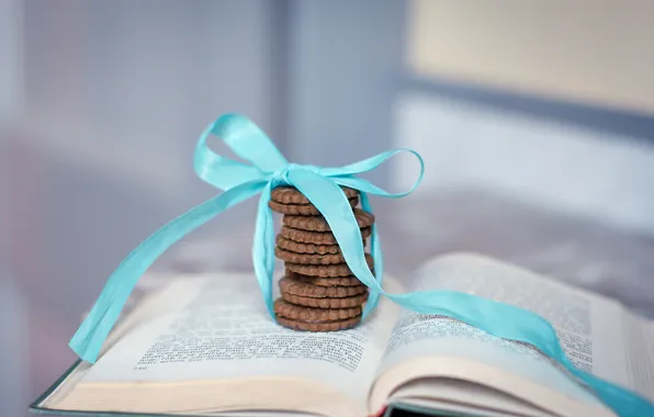 Picture cookies, book, bow, page, blue, ribbon, chocolate