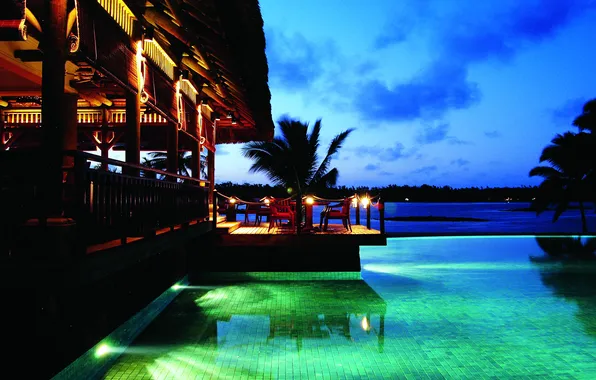 Picture palm trees, the evening, pool, restaurant