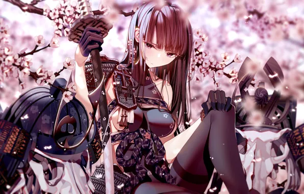 Girl, sword, Sakura, helmet, flowering