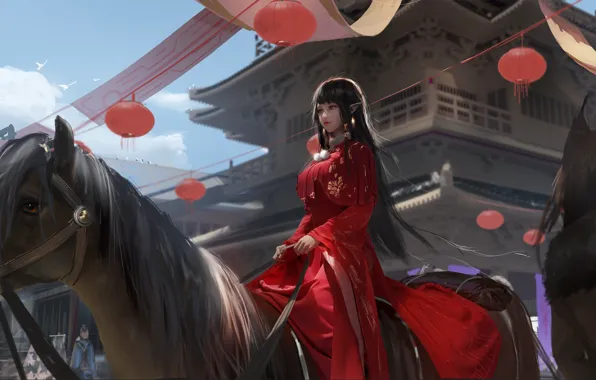 The city, street, fantasy, elf, on horseback