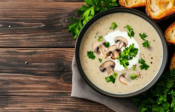 Table, mushrooms, Board, food, bread, soup, bowl, parsley