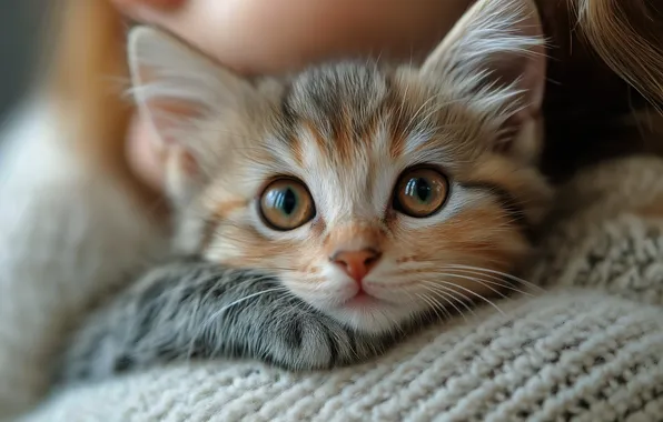 Cat, look, girl, pose, kitty, baby, face, mistress