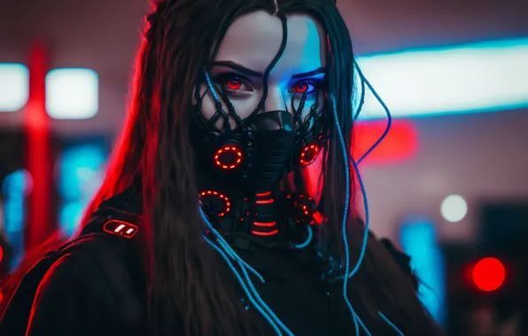 Picture lights, brunette, mask, cyberpunk, red eyes, Android, blurred background, artificial intelligence