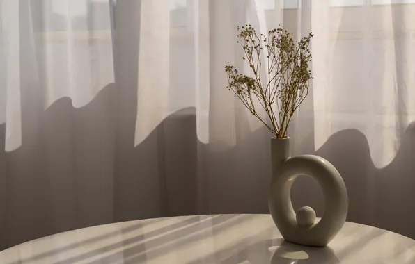 Wave, light, table, minimalism, bouquet, window, curtains, shadows