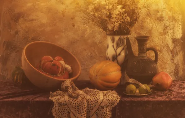 Flowers, table, bouquet, pumpkin, vase, bowl, pitcher, fruit