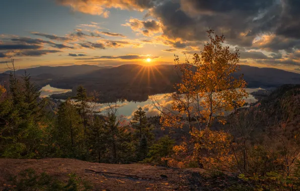 Autumn, forest, the sun, clouds, rays, light, sunset, mountains